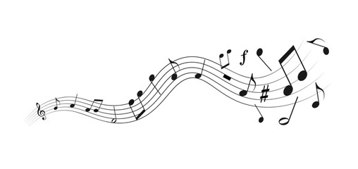 Musical notes in decorative wavy pattern isolated on white background