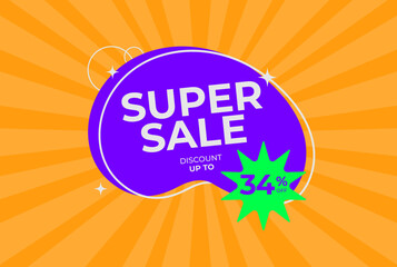 Discount up to 34% off Super sale. Thirty four percent off promotion. Super sale business banner on rays orange background. Vector illustration.