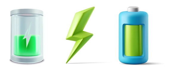 Set of battery and energy icons: green full charge cylinder, lightning bolt, and blue power cell with level indicator. Clean realistic vector illustration for charging, electricity and eco themes.