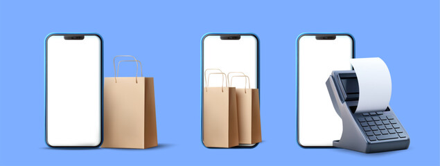 Smartphone with shopping bags and POS receipt terminal on a blue background, symbolizing ecommerce, retail and mobile payments. Clean realistic vector illustration for apps, ads and branding.