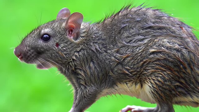Close-up Side Profile of a Wild Brown Rat with Mottled Fur Against a Blurred Green Background in its Natural Habitat