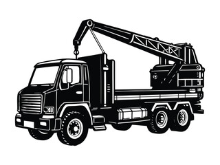 Naklejka premium Powerful Crane Truck Illustration Heavy Duty Machinery for Construction and Industrial Projects Black and White Detailed Design