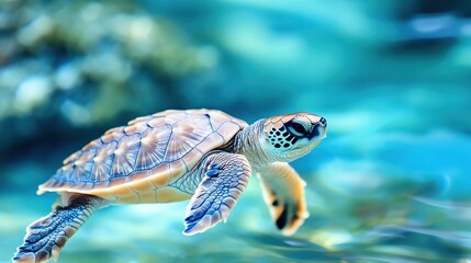 Obraz premium Cute Sea Turtle Swims in Clear Sea Water with Corals and Other Marine Creatures, Showing Wonderful Marine Ecology