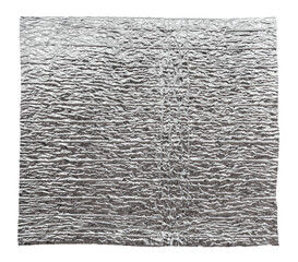A piece of crumpled silver foil on a white background. Isolate foil