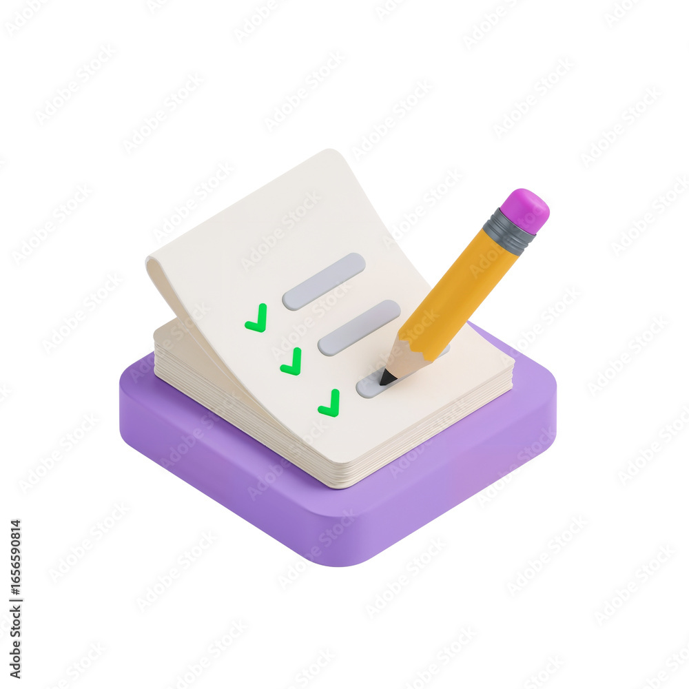 Poster stylized checklist on a lilac base with a pencil for marking tasks on a clear canvas