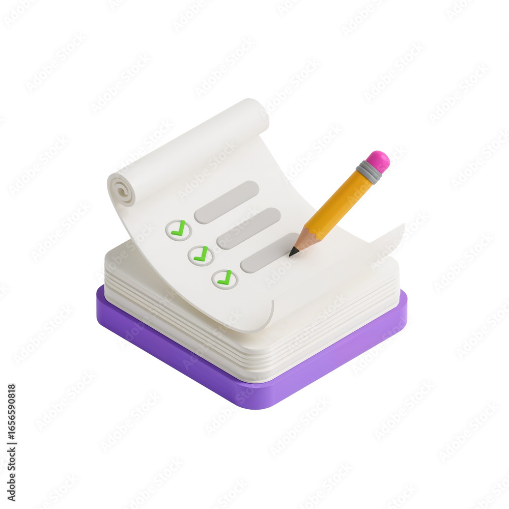Poster stylized checklist illustration with pencil on a note stack in 3d rendering complete tasks