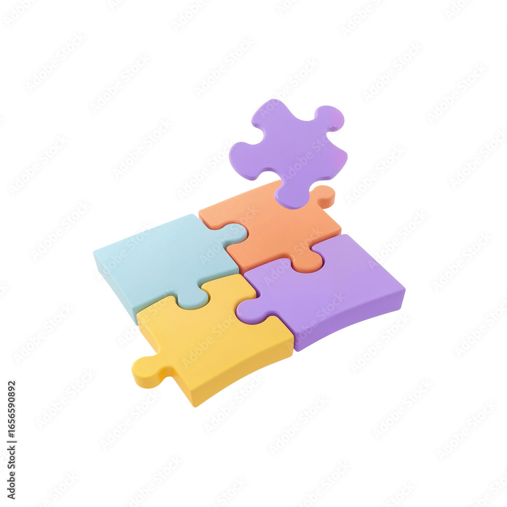 Poster whimsical puzzle assembly with pastel pieces on isolated translucent canvas representing