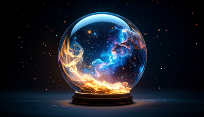 Fototapeta premium 銀河を包んだ幻想的な水晶玉 – 星雲と星が輝く宇宙の球体 Crystal Ball with Galaxies and Nebula Clouds – Shimmering Cosmic Sphere