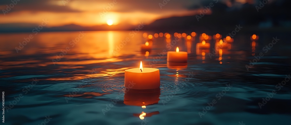 Poster glowing candles floating on calm water surface at sunset, creating peaceful atmosphere with golden l