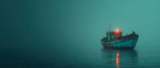 Obraz premium Mystical fishing boat in foggy waters at dawn
