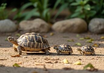 Fototapeta premium Tortoise Family A heartwarming walk of three generations basking in sunshine