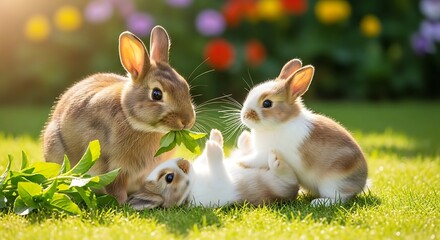 Three adorable rabbits playing in lush green grass with colorful flowers in the background