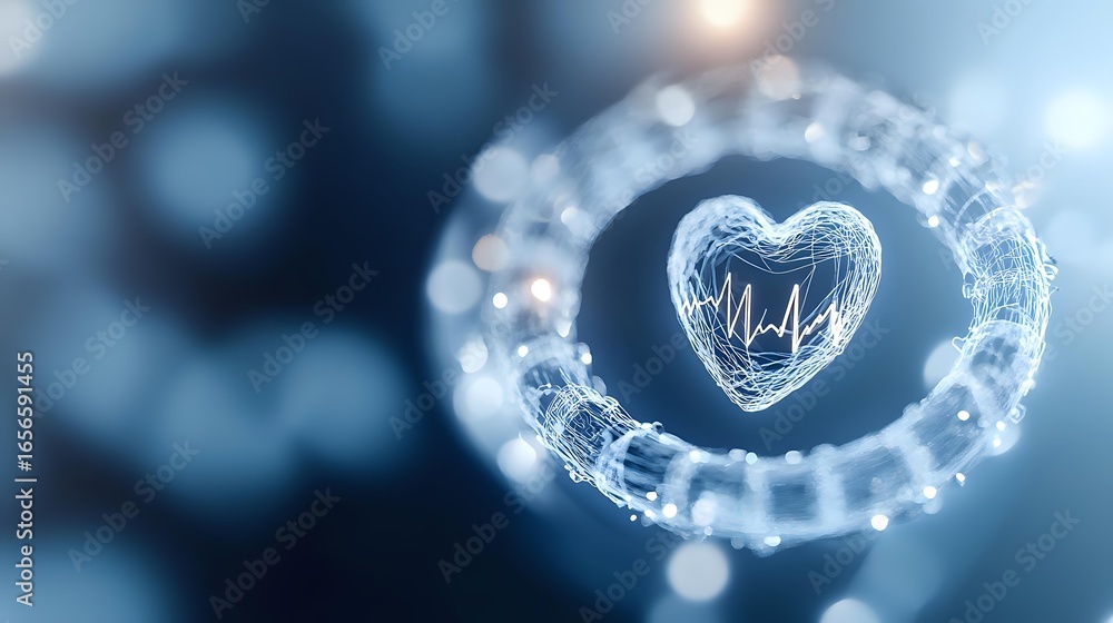 Poster glowing heart shape with ecg line surrounded by circular dna helix structure on blue bokeh backgroun