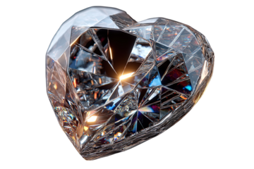 Heart shaped diamond with intricate reflections and transparent background, isolated jewelry gemstone for commercial use