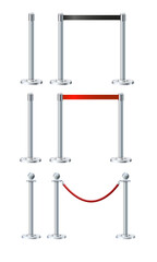 Retractable belt rack. Portable tape barrier. Red tape for fencing. Red carpet with red ropes on silver supports. Exclusive event, movie premiere, gala concert, awards ceremony.