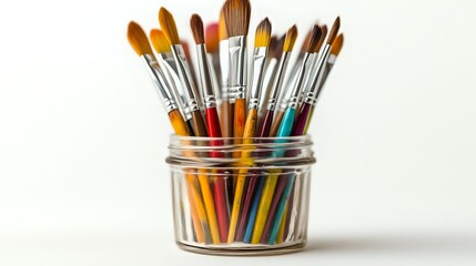 Fototapeta premium Collection of colorful art paintbrushes with wooden handles arranged in clear glass jar against white background, professional art supplies for painting and creative work.