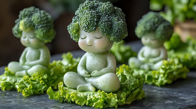 Cute green broccoli character meditating on lettuce leaf, whimsical food art composition on dark background. Creative healthy eating concept for children.