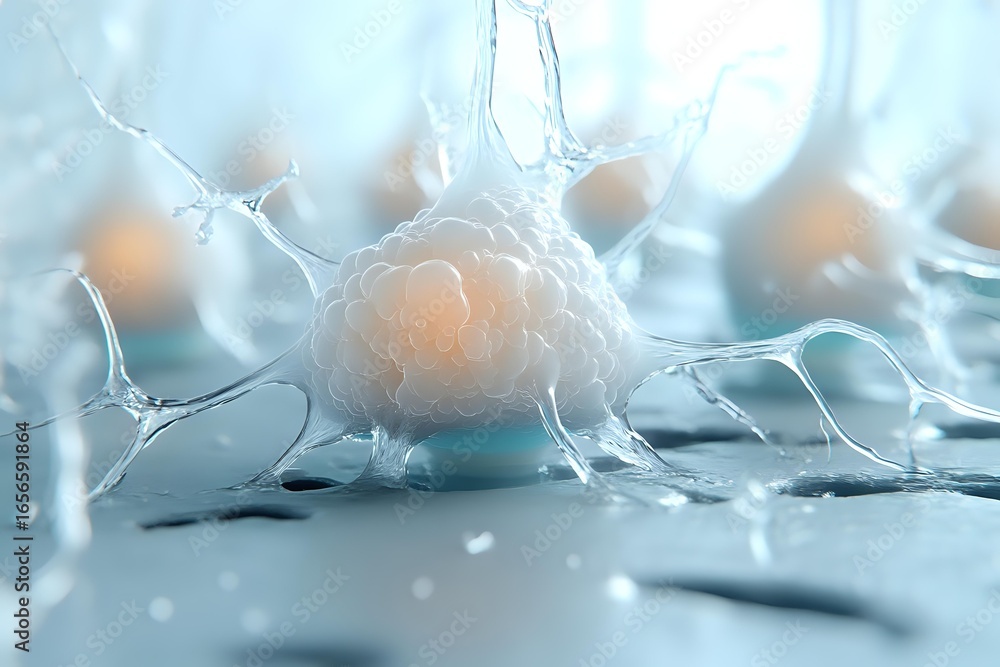 Aufkleber microscopic view of glowing neural cells interconnected with synaptic networks in soft blue tones, i