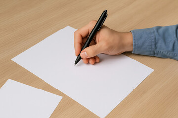 Hand Writing on Blank Paper with Pen on Wooden Desk