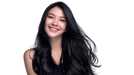 Naklejka premium smiling Asian woman with long black hair isolated on white background, HD realistic