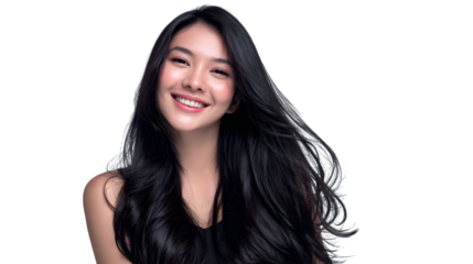smiling Asian woman with long black hair isolated on white background, HD realistic