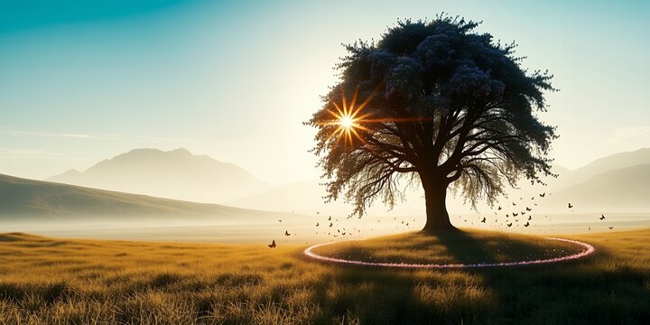 Solitary majestic tree bathed in golden sunrise light on a misty meadow with distant mountains - Powered by Adobe
