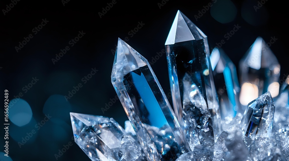 Poster luminous blue crystal clusters with sharp geometric points emerging against dark background, creatin