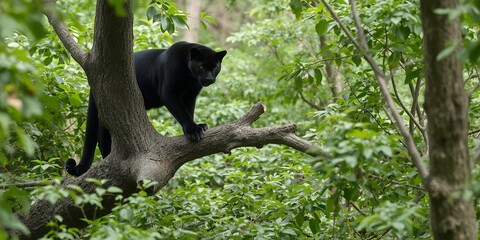 Obraz premium Majestic black panther perched on a tree branch in a lush green tropical rainforest