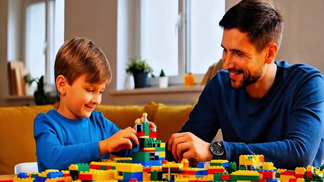 Happy father and son playing with constructor blocks together, building a toy house at home. Dad and child enjoying creative educational game for kids development. Family bonding and fatherhood.