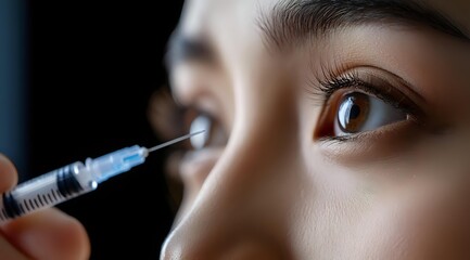Obraz premium Close up view of medical cosmetic procedure with syringe injection near eye area showing precise application technique for aesthetic treatment.