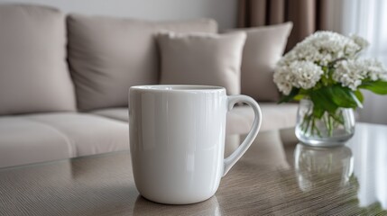 Fototapeta premium A white ceramic mug sits on a wooden coffee table with subtle reflections, modern furniture in the background,