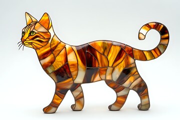 Obraz premium Stained glass style orange tabby cat figurine with striped pattern and geometric mosaic design, illuminated on white background for decorative display.
