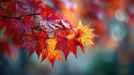 Vibrant Japanese Maple Leaves in Autumn with Water Droplets