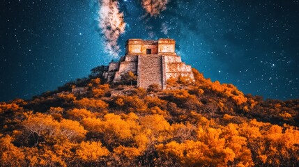 Fototapeta premium Ancient Mayan ruin atop hill, starry night