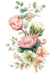 Soft watercolor floral arrangement with pink protea flowers, green leaves, and delicate peach blossoms on white background, suitable for wedding stationery.