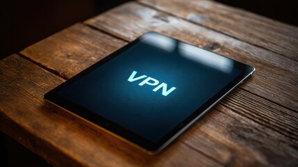 Tablet displaying vpn on a wooden surface with a dark background and soft lighting in a close up shot