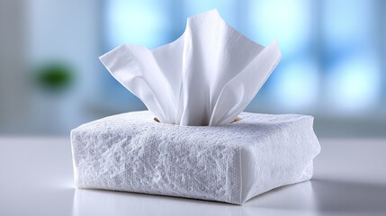 A neatly arranged tissue box with fresh white tissues sticking out, placed against a soft blurred light blue background,