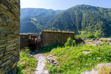 Old Fortress in mountain village Shatili, ruins of medieval castle. Khevsureti, Georgia