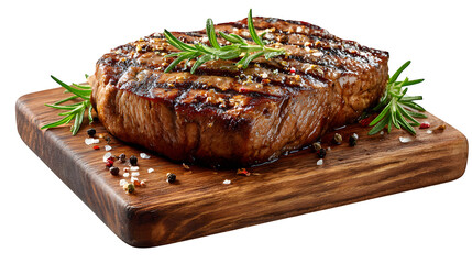 grilled beef steak on wooden board isolated on white background, HD realistic