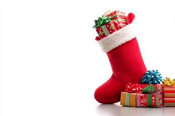 Red Christmas stocking filled with colorful presents and gifts ready for holiday celebrations Generative AI