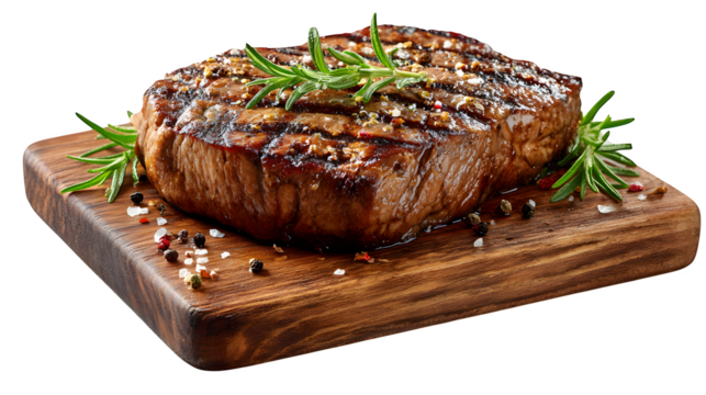 grilled beef steak on wooden board isolated on white background, HD realistic