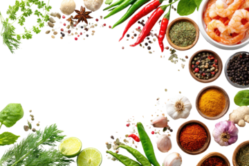 Colorful assortment of fresh and dried spices, herbs, and vegetables