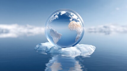 Naklejka premium A crystal globe rests on an ice floe, reflecting serene waters and showcasing Earth, symbolizing climate change and environmental awareness.