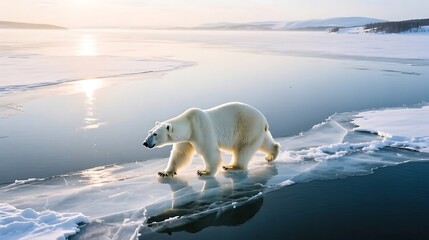 Naklejka premium Polar bear walking on frozen lake aerial view soft morning light snow reflections ultra-realistic