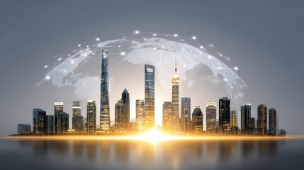 A futuristic city skyline with a glowing sunset, featuring tall skyscrapers and a digital globe network above.