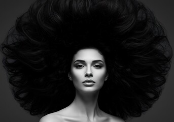 Fototapeta premium Elegant woman with voluminous dark hair and flawless makeup poses for portrait