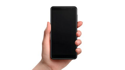 hand holding a modern black smartphone isolated on white background, HD realistic