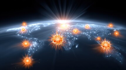 A glowing view of Earth with bright, radiant spots, suggesting significant occurrences or events across various regions of the globe.