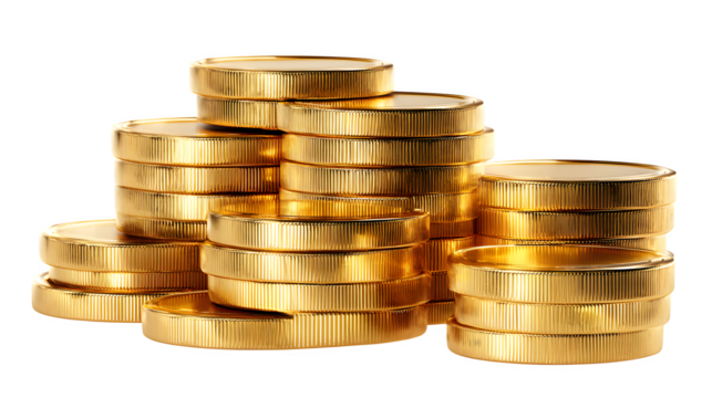 stack of shiny golden coins isolated on white background, HD realistic