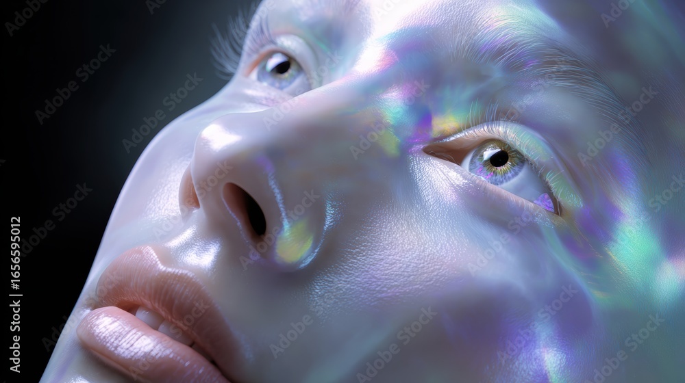 Poster a surreal close-up of a luminous face, reflecting colorful light patterns, showcasing a serene expre